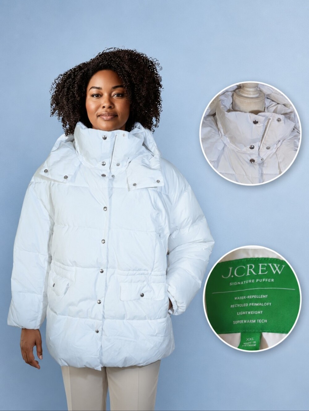 J. Crew Signature Puffer Coat Cloud Dancer Water Repellent Primaloft Warm Sz XXL